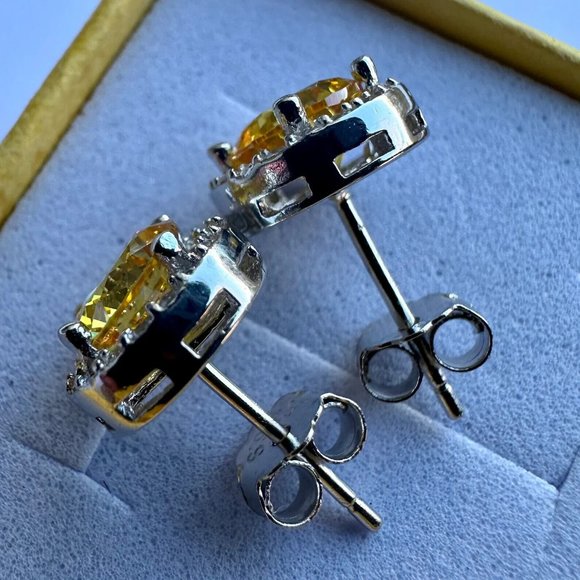 Citrine Earrings Sterling Silver 925 White Topaz Created Stud Earrings For Women - Picture 9 of 9